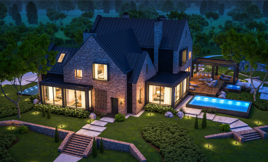 3d rendering of modern cozy clinker house on the ponds with garage and pool for sale or rent with beautiful landscaping on background. Clear summer night with many stars on the sky.